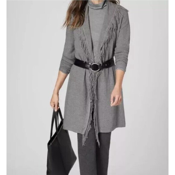 J.Jill Womens Gray Cotton Blend Fringe Trim Belted Long Sleeve Knit Cardigan S - Picture 5 of 11